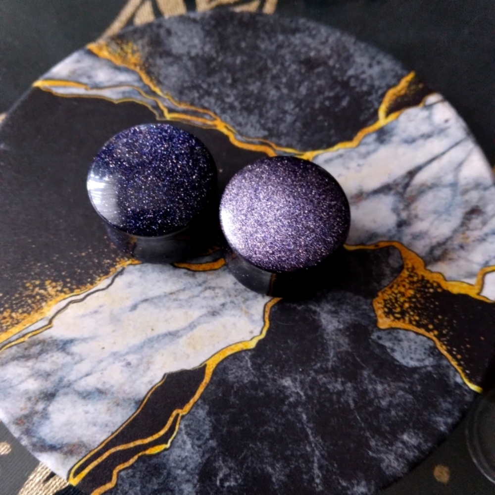 Pair Blue Gold Stone Dome Front Double Flared Plugs Earrings 19mm